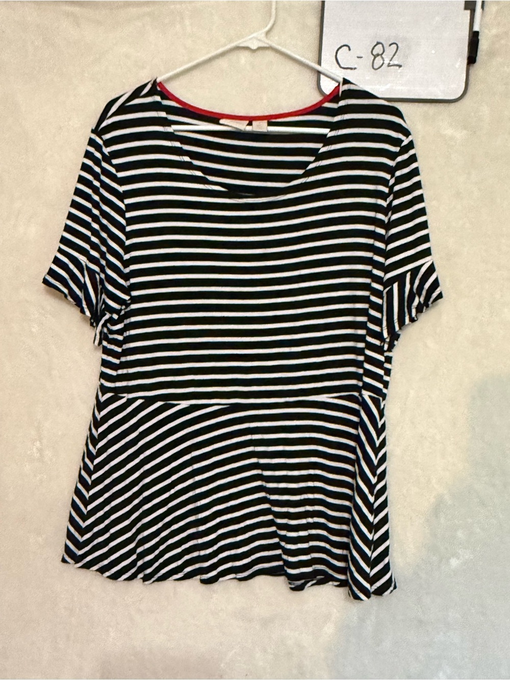 Chico's Black and White Striped Short Sleeve Top with Red Trim ruffle sleeves